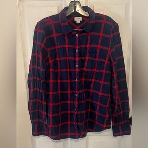 J. CREW Women’s Navy Blue & Red Plaid Boyfriend Fit Button Down Flannel Shirt